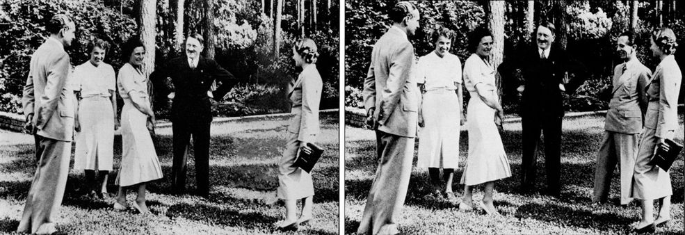 1937 rok Na fotografii widzimy Adolfa Hitlera oraz bliskiego mu Dr Josepha Paula Goebbelsa. Przywódca narodu niemieckiego uznał jednak, że Goebbels nie pasuje mu na zdjęciu. Do dziś nie wiadomo czemu.