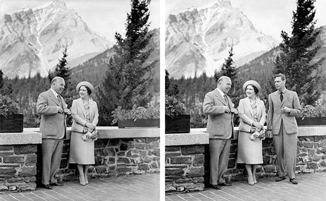 1939 rok Królowa Elżbieta, kanadyjski premier William Lyon Mackenzie oraz Jerzy VI - król Zjednoczonego Królestwa Wielkiej Brytanii i Irlandii Północnej i dominiów w trójkę znajdowali się na oryginalnej fotografii. Ostatni z nich został jednak celowo usunięty ze zdjęcia, które było wykorzystywane w kampanii politycznej premiera Kanady. Spekuluje się, że obraz Mackenziego oraz Królowej Elżbiety przedstawiał premiera w lepszym świetle, jako bardziej wpływowego polityka. Dzisiaj taka manipulacja już raczej nie przejdzie...