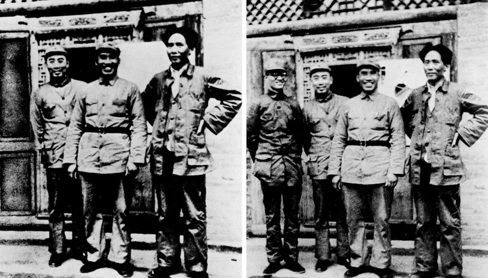 1936 rok Klasyczny przykład na to, jak szybko można zapomnieć o przyjacielu. Mao Tse-tung (po prawej) usunął Po Ku (kolega po lewej) z oryginału po tym, jak Po Ku wypadł z łask przywódcy.