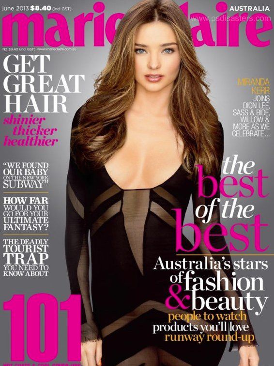 2 Miranda Kerr jest uważana za jedną z najpiękniejszych modelek, jednak grafik postanowił nieco "podkręcić" jej urodę. Efekt to mała głowa i klatka piersiowa jak u Kena, tego od Barbie. Lepsze jest wrogiem dobrego! (Marie Claire / psdisasters.com)