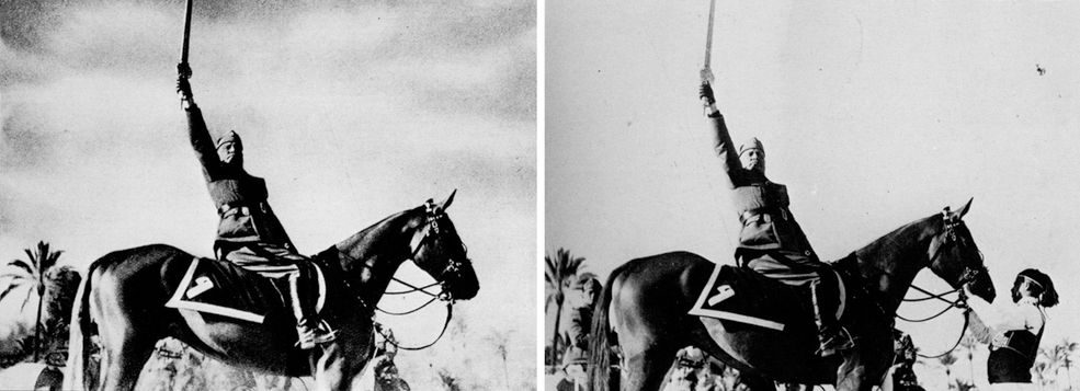1942 rok Benito Mussolini to prawdziwy twardziel. Nie toleruje pomocy, zwłaszcza przy swoim koniu... Dlatego kazał wymazać ze zdjęcia asystentkę pomagającą przy zwierzęciu.