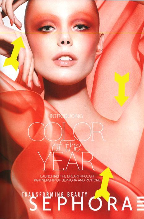 2 Sephora reklamuje swój najnowszy kolor Tangerine Tango. Autorzy z serwisu Jezebel doszli do wniosku, że wiele elementów na zdjęciu się nie zgadza. Photoshop z pewnością wygładził skórę modelki, pozbawiając ją wszelkich fałdek.