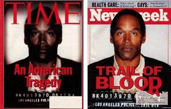 1994 r. OJ Simpson to była gwiazda amerykańskiego futbolu. Jego zdjęcie zostało wydrukowane na okładce magazynu TIME niedługo po tym, jak został on zatrzymany za morderstwo. Newsweek opublikował oryginał, natomiast fotoedytorzy TIME postanowili dodać Simpsonowi nieco mrocznego charakteru mocne przyciemniejąc fotografię oraz dodają jej sporo kontrastu.