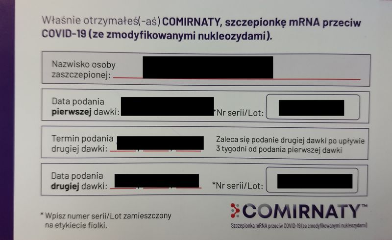 Wzór papierowego potwierdzenia z nazwą szczepionki, które otrzymamy w punkcie podczas szczepienia