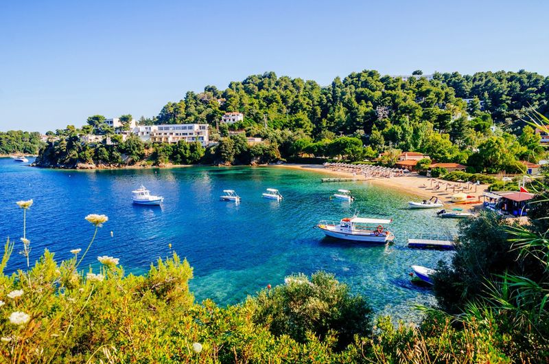 Malownicza zatoka z łódkami na wyspie Skiathos