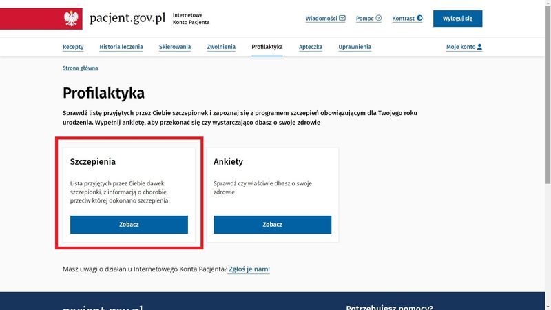 Po zalogowaniu musimy wybrać zakładkę „Profilaktyka”, a następnie „Szczepienia”.  