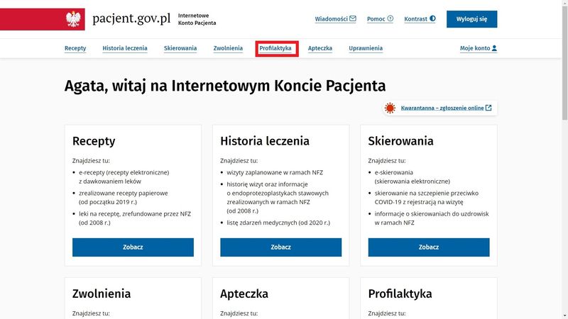 Po zalogowaniu musimy wybrać zakładkę „Profilaktyka”, a następnie „Szczepienia”.  