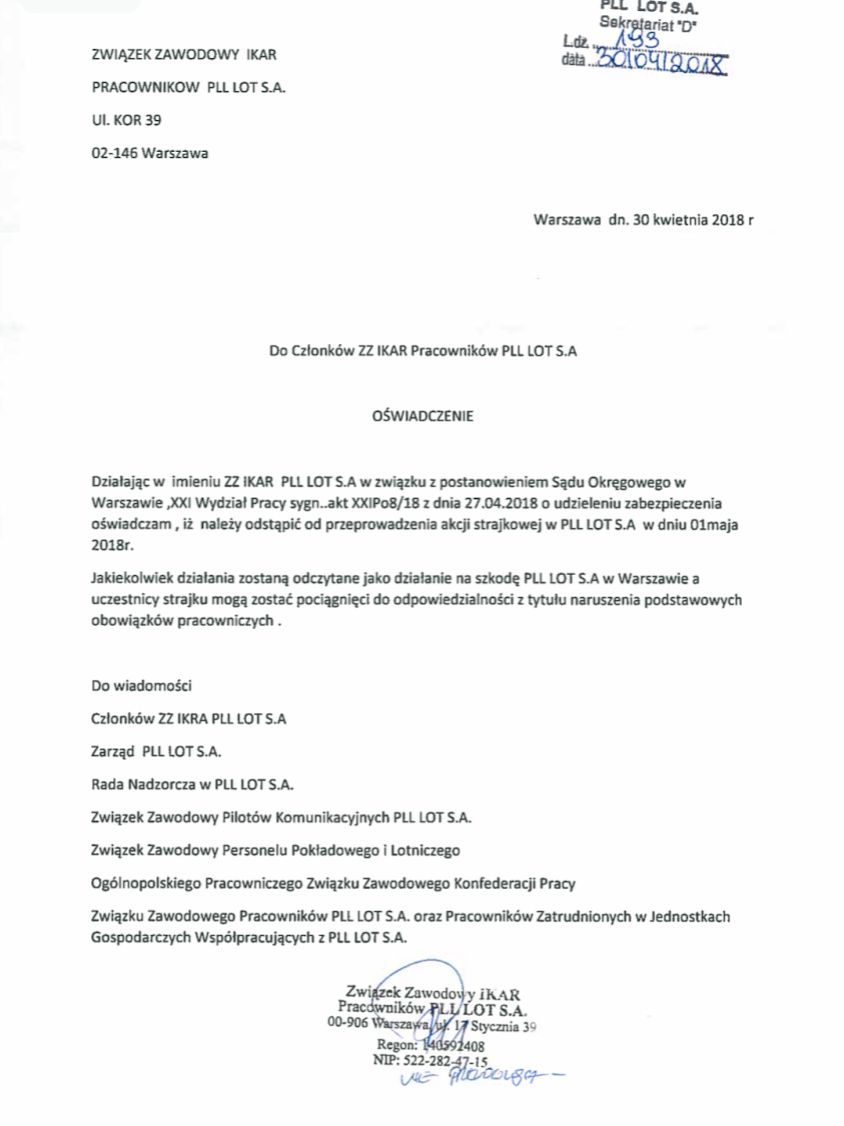 Wzór Pisma Do Spółdzielni W Sprawie Grzyba Trzy związki zawodowe LOT-u wycofują się z akcji strajkowej planowanej