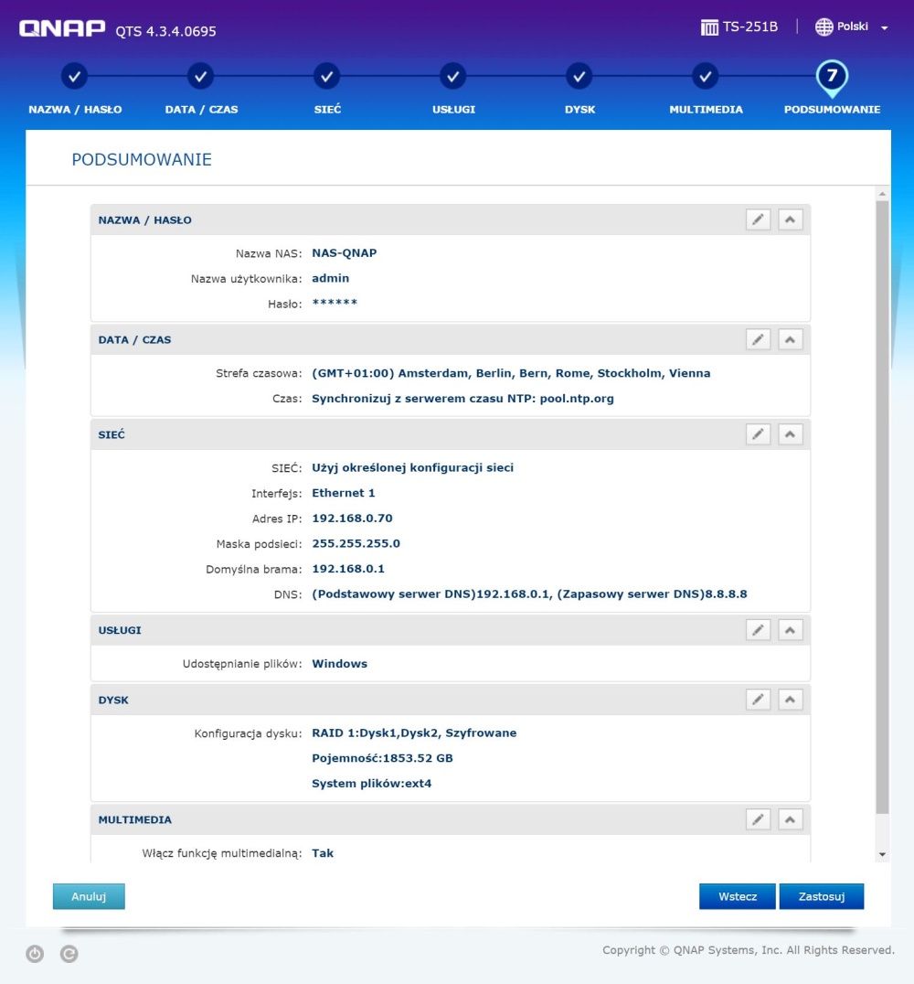 QNAP TS-251B - Konfiguracja podsumowanie
