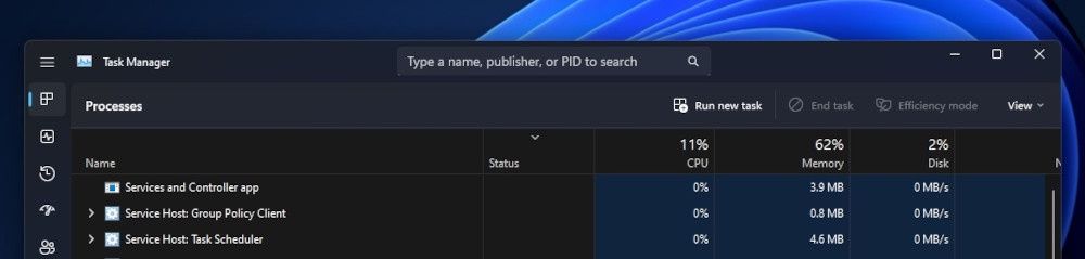 Windows 11 Menedżer zadań wyszukiwarka