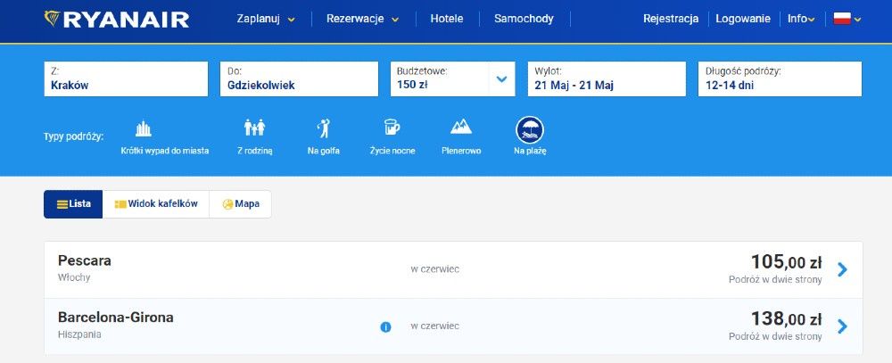 wyszukiwarka tanich lotów Ryanair