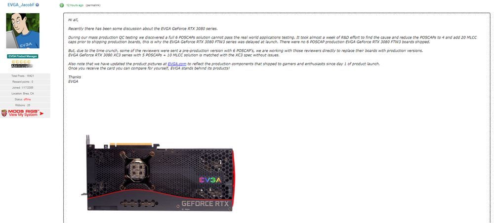 EVGA - komunikat w sprawie problemów z kartą graficzną GeForce RTX 3080