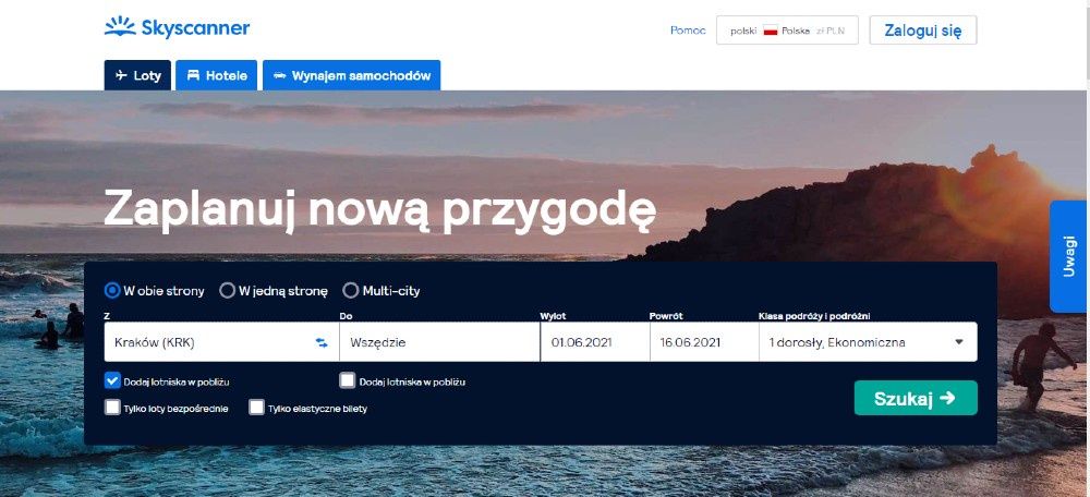 wyszukiwarka tanich lotów Skyscanner