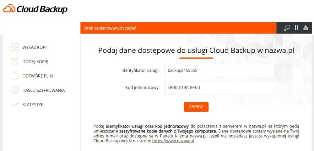 Aktywowanie usługi Cloud Backup