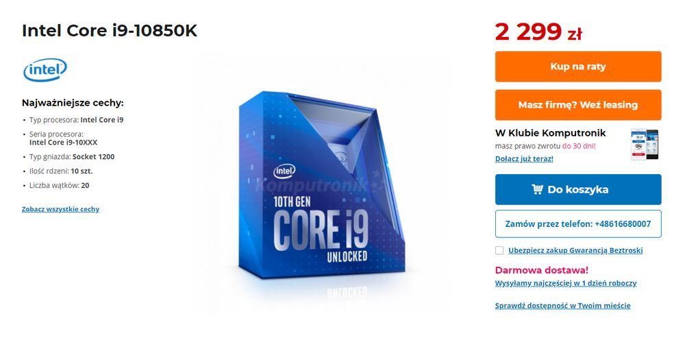 Intel Core i9-10850K - cena w Komputronik