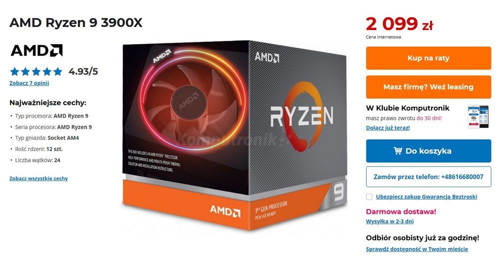 AMD Ryzen 9 3900X - cena procesora