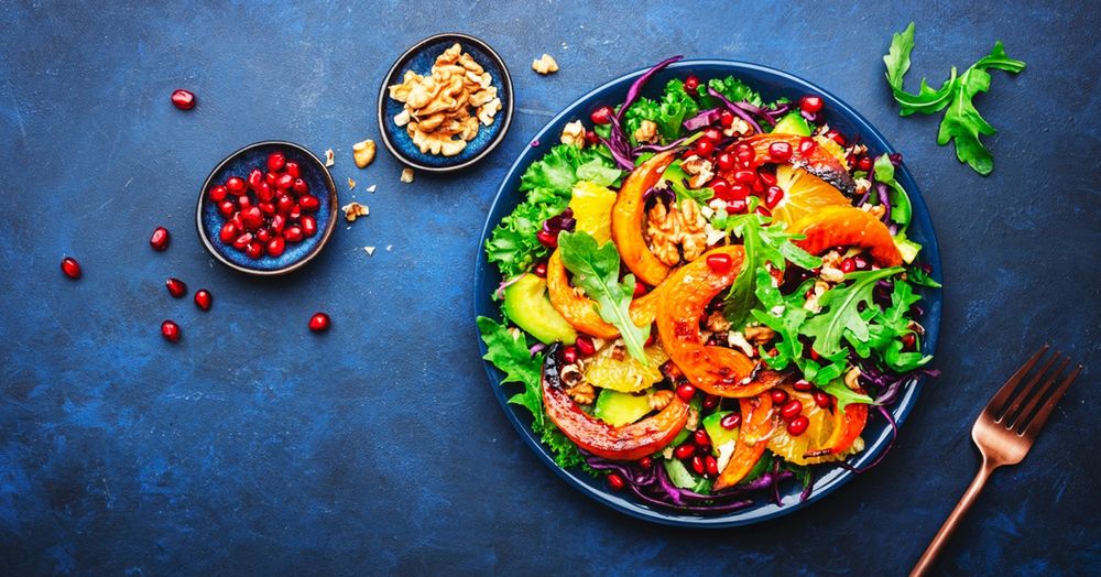 Autumn,Pumpkin,Salad,With,Caramelazed,Pumpkin,Slices,,Red,Cabbage,,Avocado,lunch,cabbage,salad,nut,squash,slice,pomegranate,arugula,avocado,butternut,lettuce,dish,appetizer,baked,autumn,colorful,seed,seasonal,recipe,yellow,winter,plate,bowl,vegetable,herbs,vegetarian,eat,grilled,cooking,diet,green,top view,restaurant,cuisine,vegan,leaf,dinner,food,meal,orange,walnut,sliced,blue,healthy,thanksgiving,roasted,fresh,sweet,pumpkin
