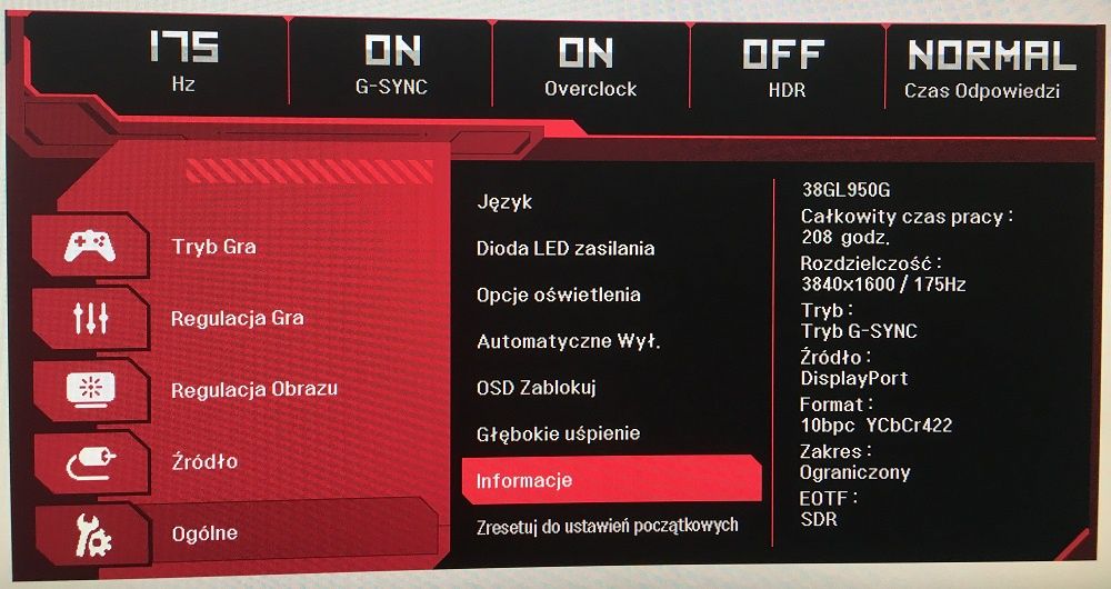 LG 38GL950G - Ustawienia OSD