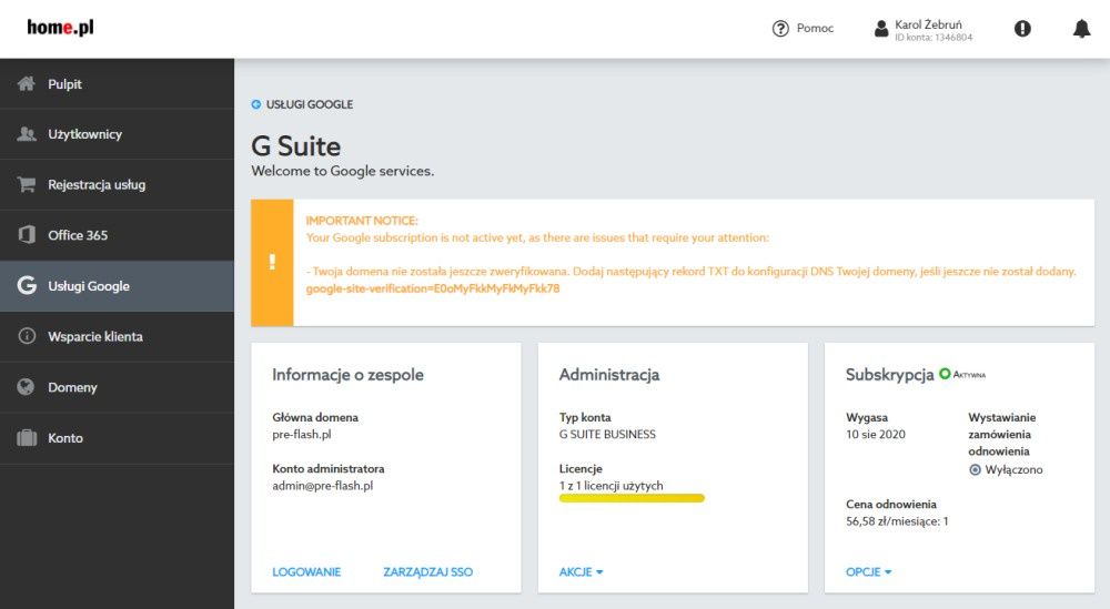 G Suite w panelu administracyjnym home.pl
