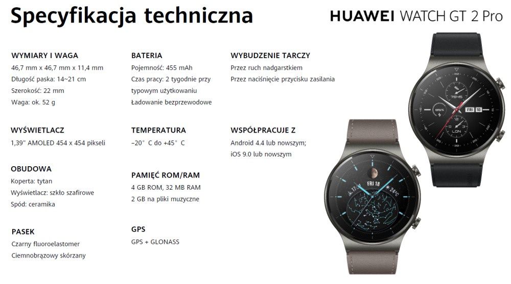 Huawei Watch GT 2 Pro specyfikacja