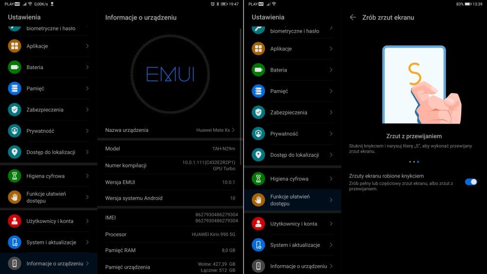 Huawei Mate Xs ustawienia