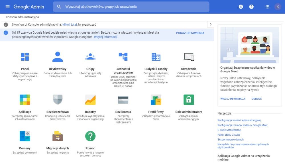 Panel administracyjny w G Suite