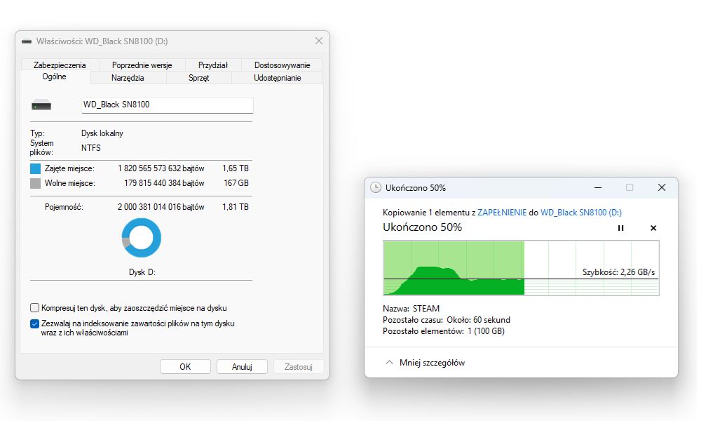 WD Black SN8100 2 TB - kopiowanie po zapełnieniu dysku