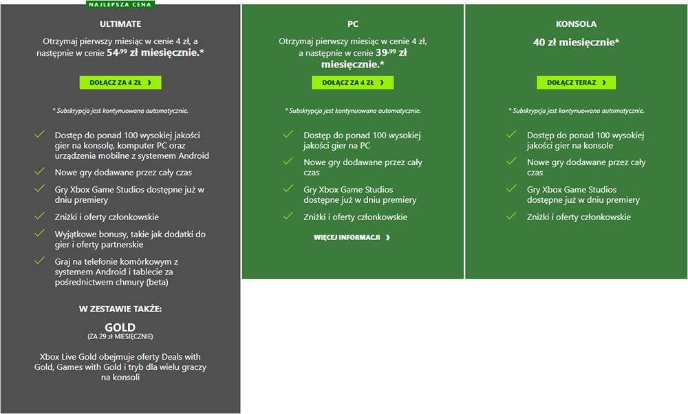 Xbox Game Pass opcje