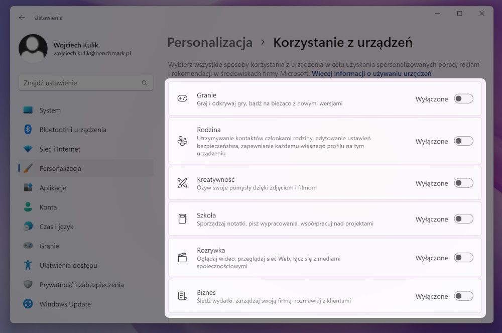 Windows 11 reklamy personalizacja