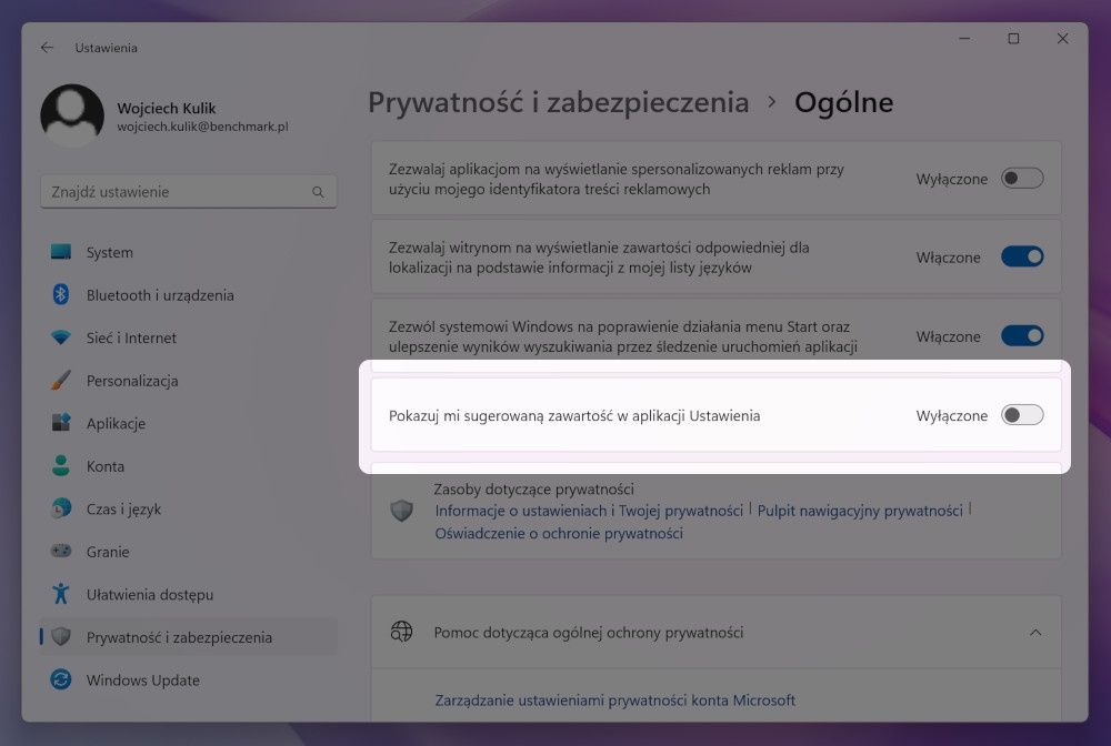 Windows 11 reklamy ustawienia