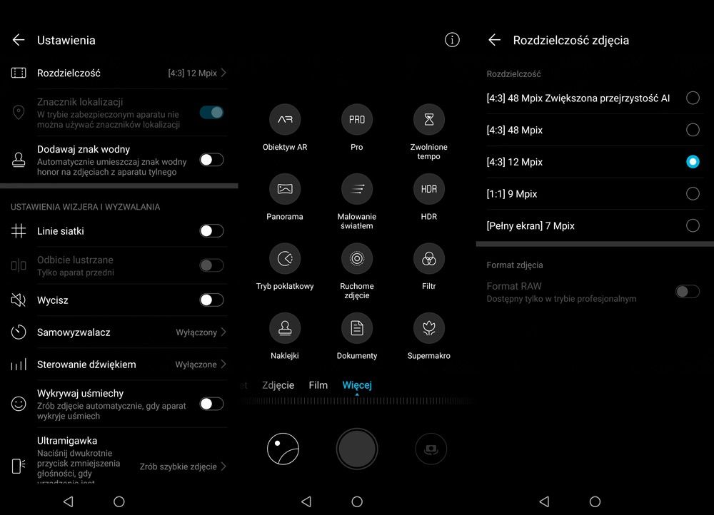 Menu aparatu Honor 20 Pro