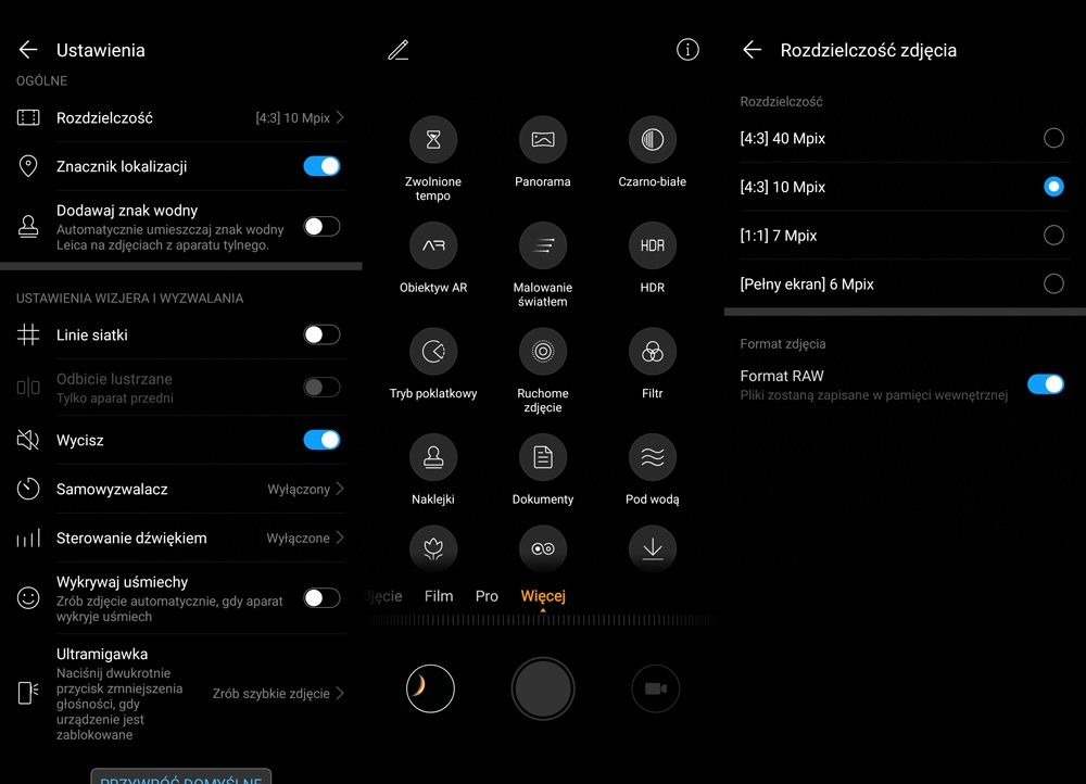 Menu aparatu Huawei P30 Pro
