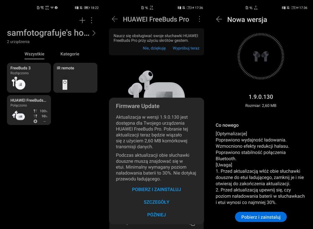 Huawei FreeBuds Pro aktualizacja
