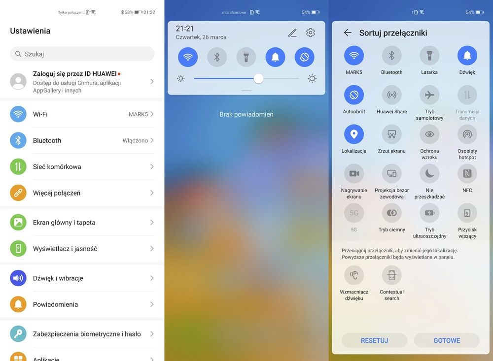 Huawei P40 Pro ustawienia i menu podręczne z przyciskiem 5G