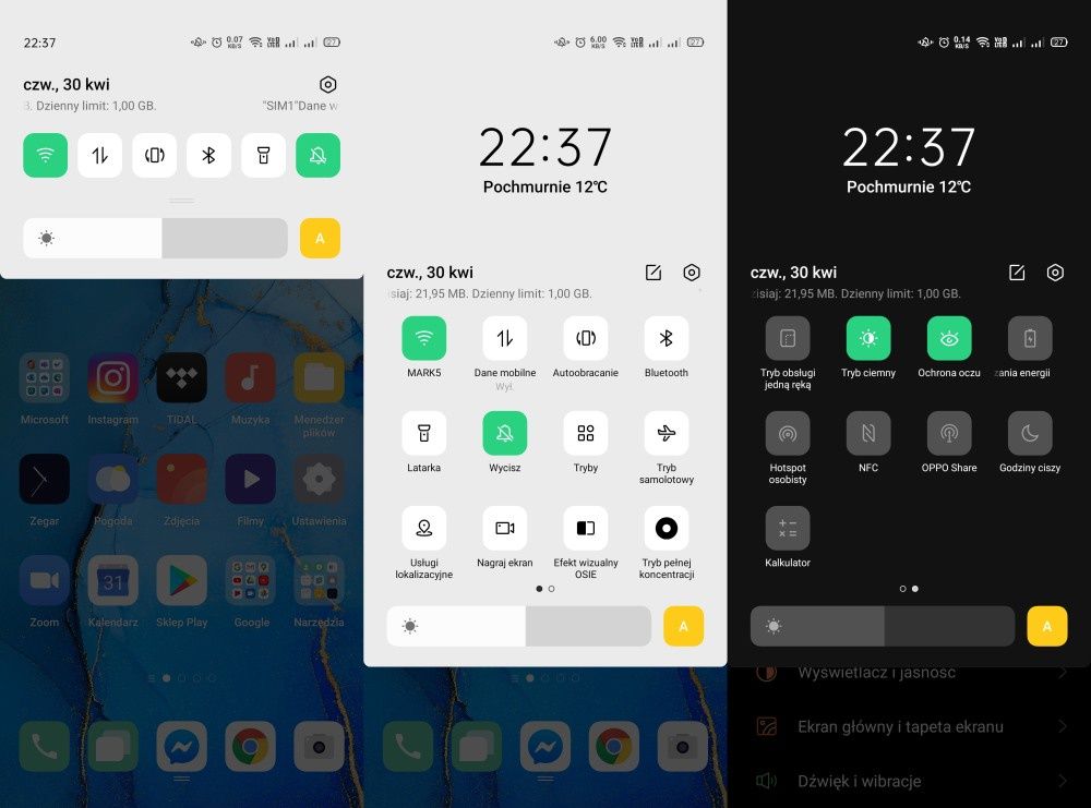 Oppo Reno 3 menu szybkie