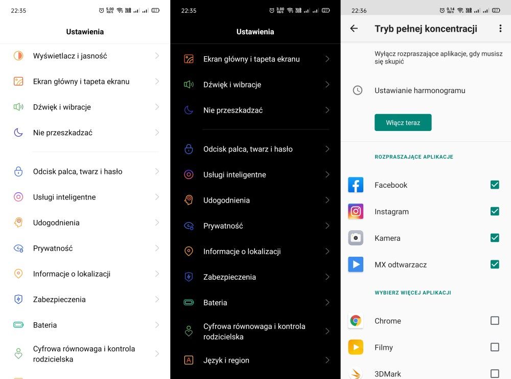 Oppo Reno 3 menu kolory, tryb koncentracji