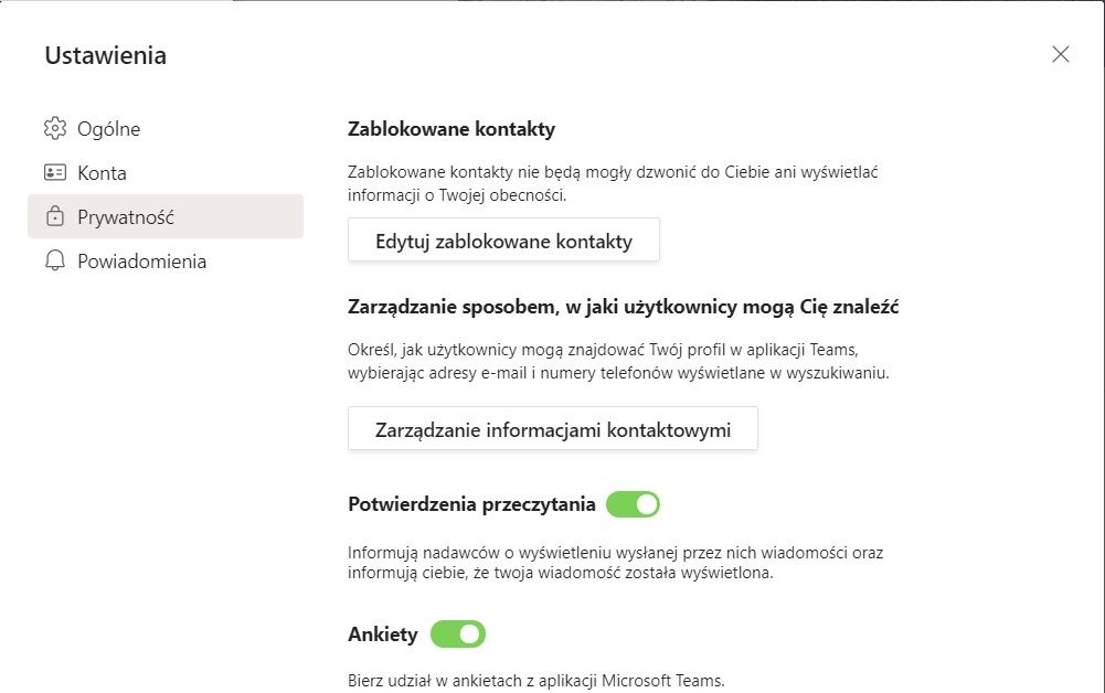 Microsoft Teams - zakładka Prywatność