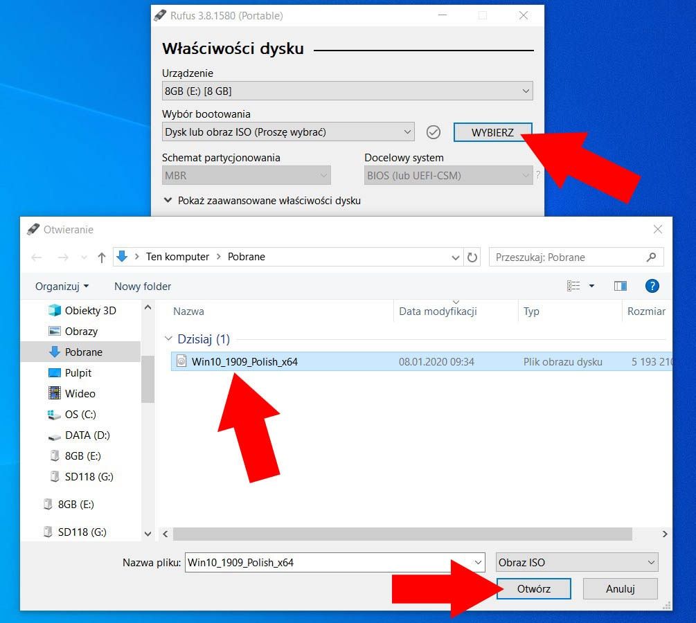 Rufus - wybierz plik ISO z Windows