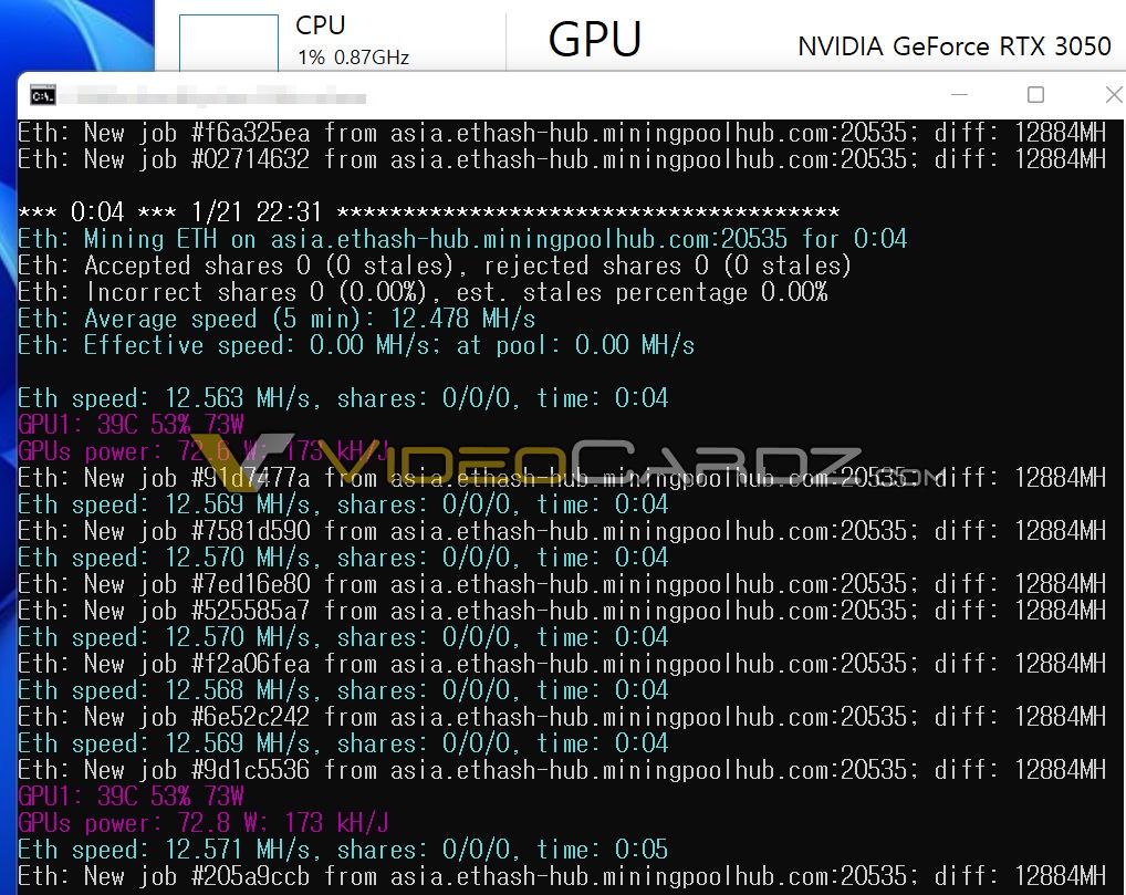 GeForce RTX 3050 - wydajność w kopaniu Ethereum