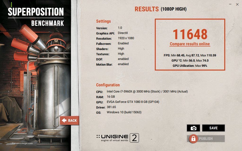 EVGA GeForce GTX 1080 SC2 - wydajność Unigine Superposition