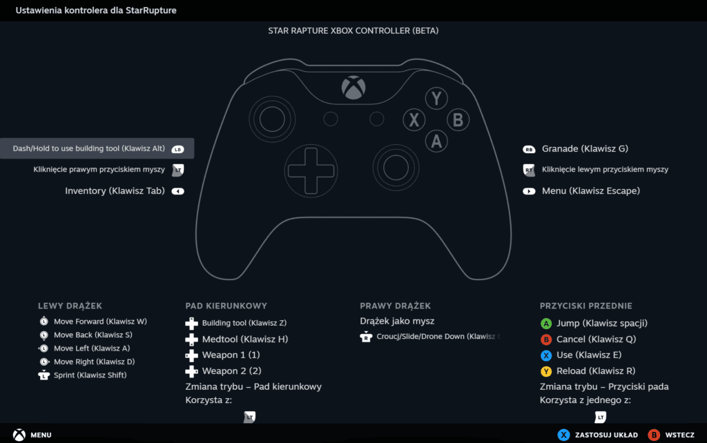 Ustawienia pada StarRupture przyciski ABXY Steam Input.