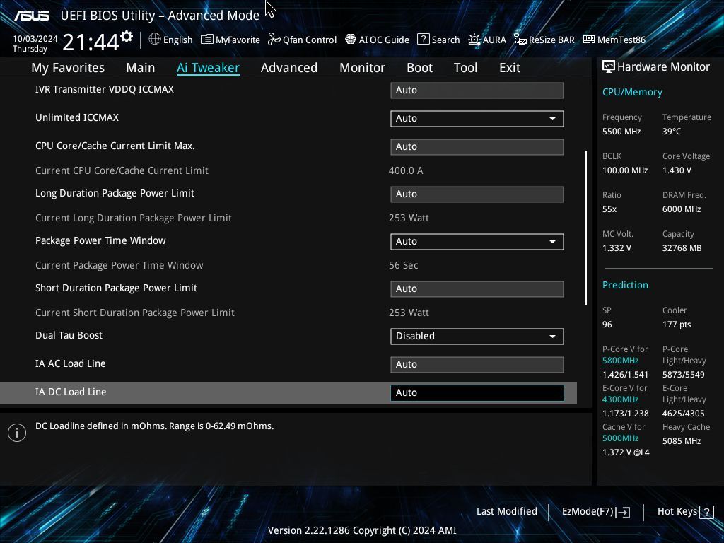 Limity mocy - BIOS 2102