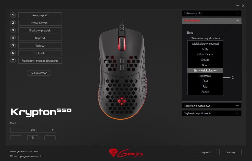 Genesis Krypton 550 - oprogramowanie na zakładce podświetlenia