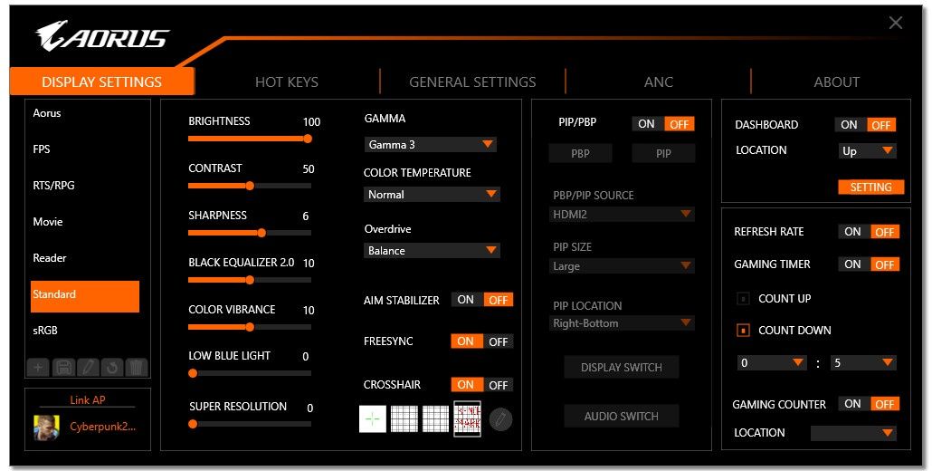 Gigabyte Aorus FI27Q-X - Sidekick glówne ustawienia