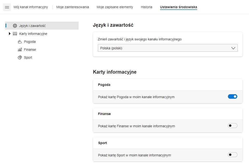 ustawienia środowiska wiadomości Microsoft