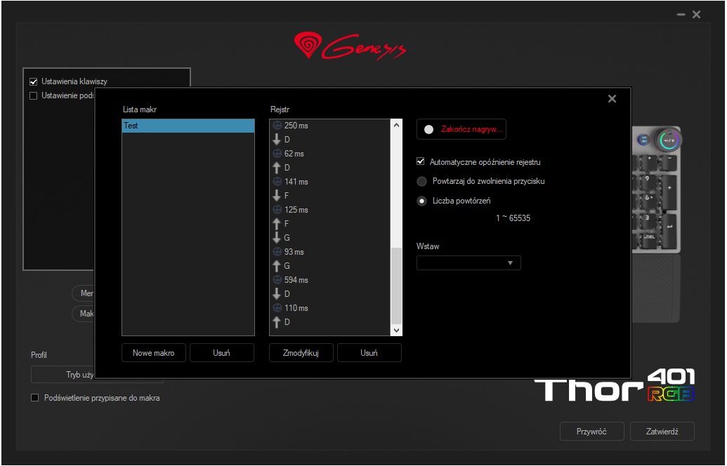 Genesis Thor 401 RGB - możliwość programowania makr