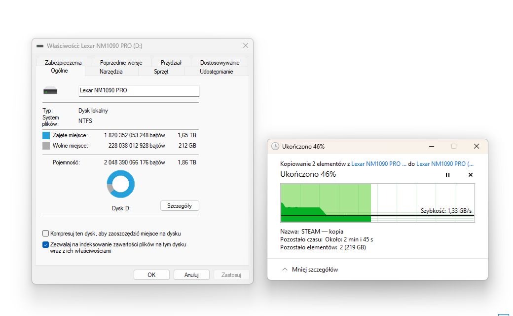 Lexar NM1090 PRO 2 TB - kopiowanie po zapełnieniu