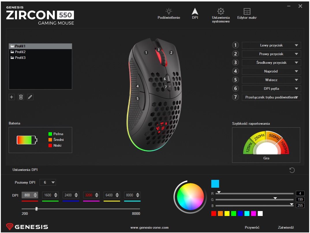 Genesis Zircon 550 - konfiguracja DPI i częstotliwości odświeżania