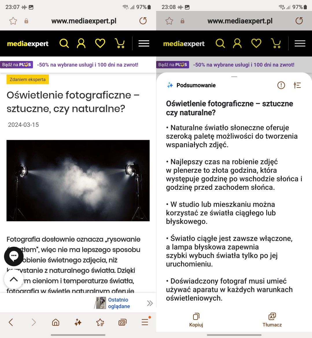 Podsumowanie artykułu w Samsung Internet