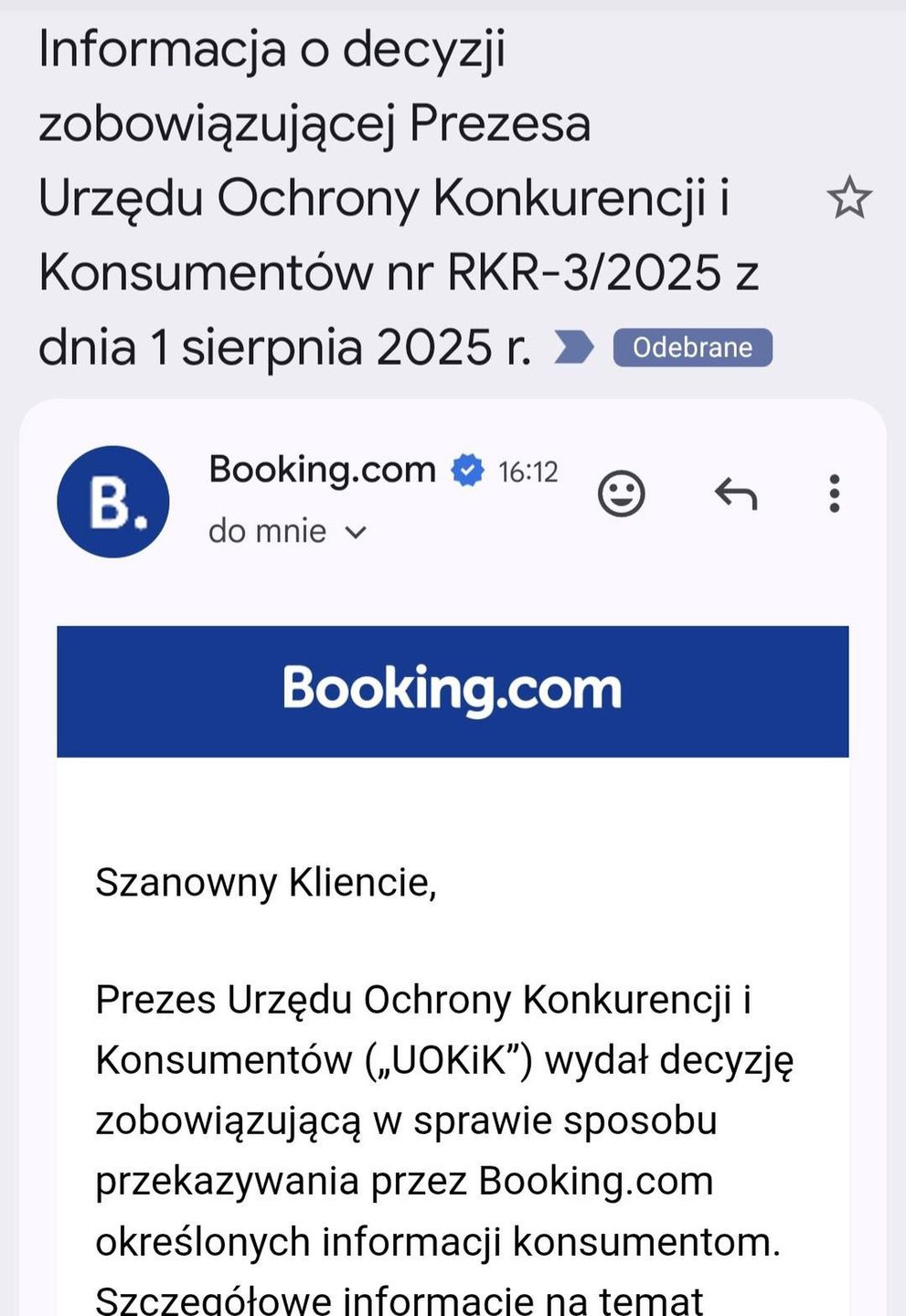 Screen wiadomości mailowej od Booking.com